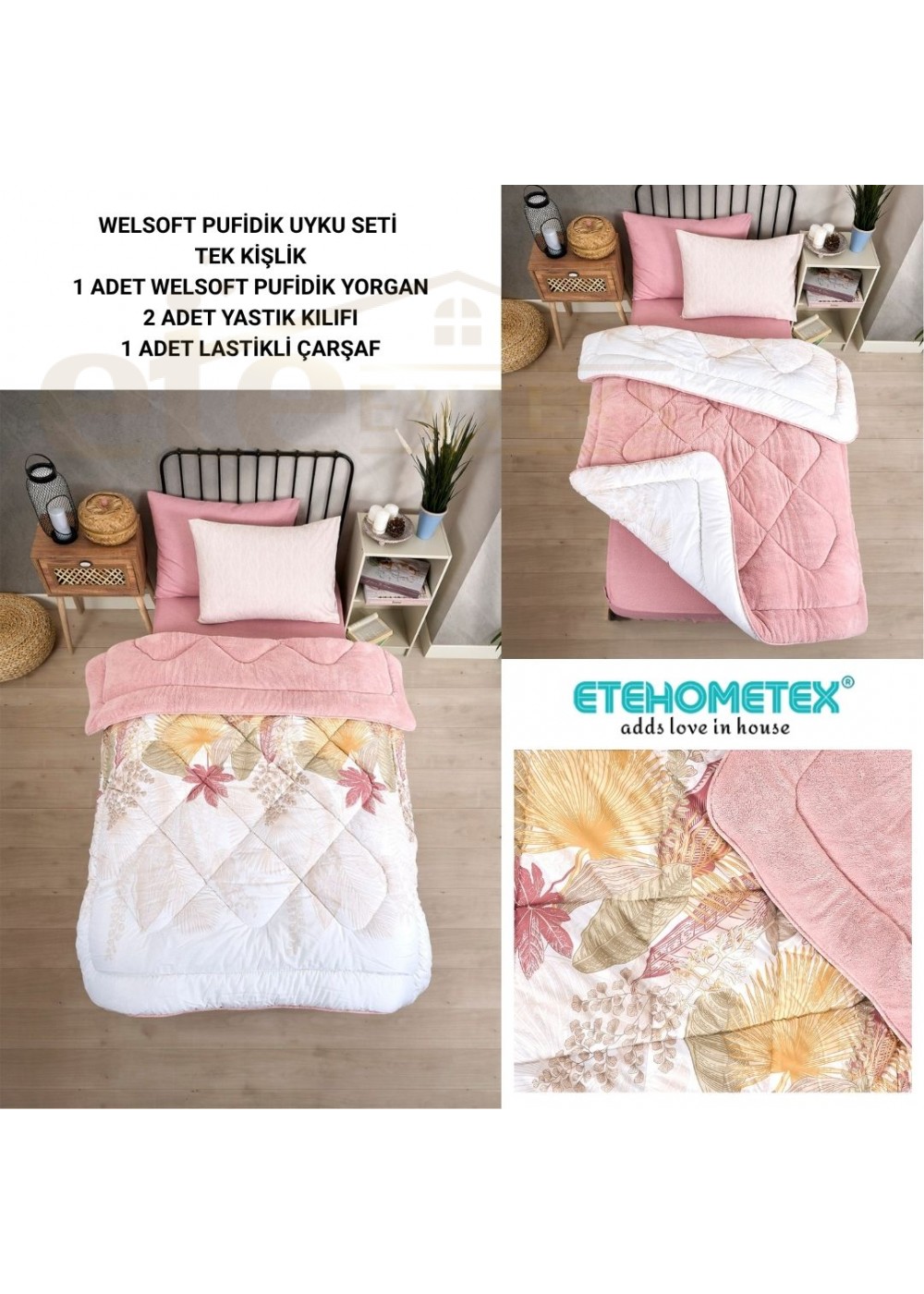 ETE HOMETEX TEK KİŞİLİK WELSOFT UYKU SETİ ALENA PUDRA 8696474231998